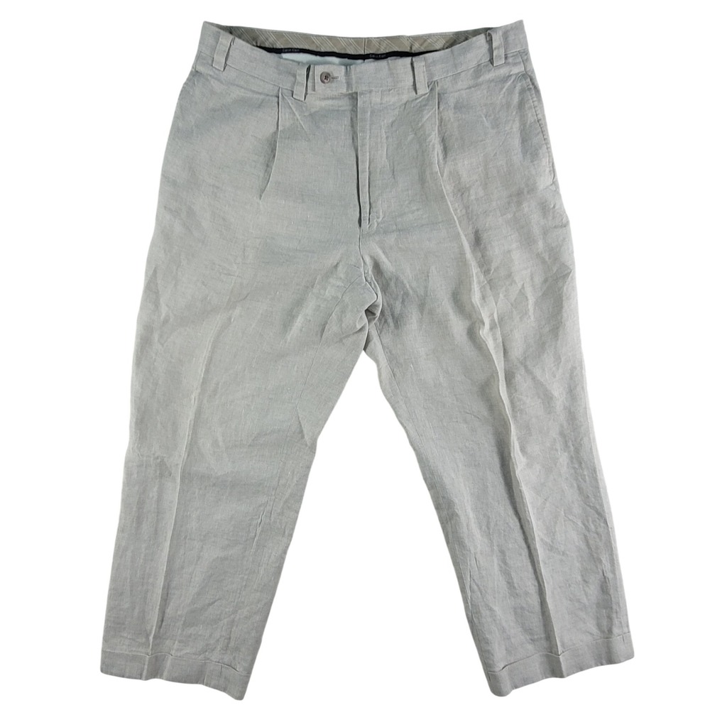 Calvin Klein Pants Mens 36x30 Tan Excellent 100% Linen Pleated Cuffed Trousers